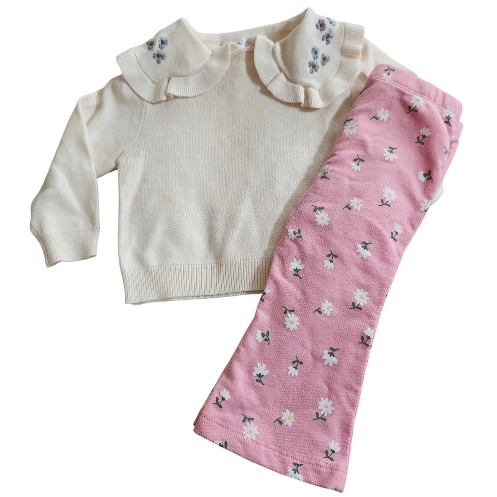 Stitch & Bean 12M Baby Girl Cream Embroidered Sweater Pink Daisy Flare Pants Set